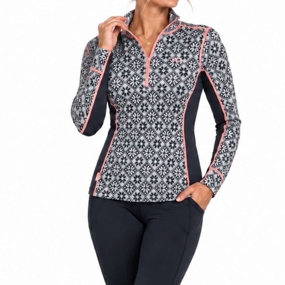 Kari Traa Base Layer Women L Blue Nordic Snowflake 1/4 Zip Wool Blend Ski Top